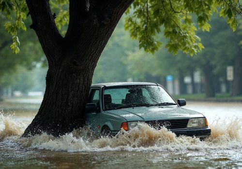 Carro em enchente, durante chuva