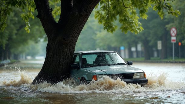 Carro em enchente, durante chuva